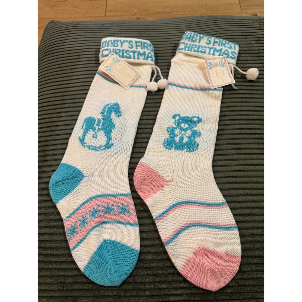 VNTG Baby First Christmas Stocking Rocking Horse Teddy Bear Blue Pink White Knit